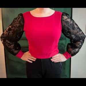 Bright Pink Top - Black Lace Bell Sleeve - Feminine - Day to Night - Size M (4)
